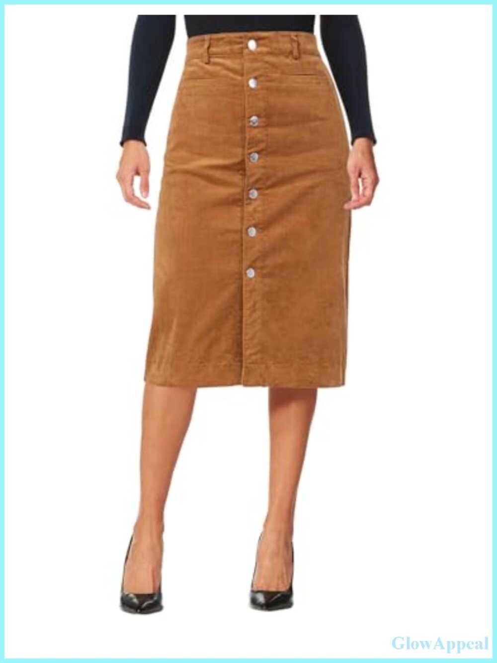 Corduroy Midi Skirt High Waisted Button Down Stretchy Elastic Waist Work